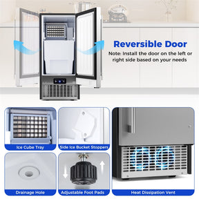 110 LBS/24H Commercial Ice Maker, 15" Built-in Undercounter Ice Machine with 25 LBS Storage & Reversible Door for Home Bar, Restaurant