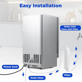 110 LBS/24H Commercial Ice Maker, 15" Built-in Undercounter Ice Machine with 25 LBS Storage & Reversible Door for Home Bar, Restaurant