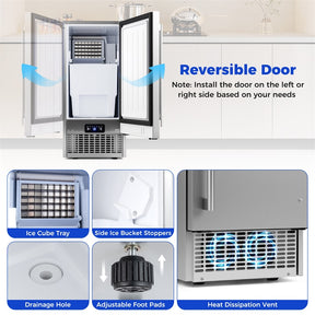 110 LBS/24H Commercial Ice Maker, 15" Built-in Undercounter Ice Machine with 25 LBS Storage & Reversible Door for Home Bar, Restaurant