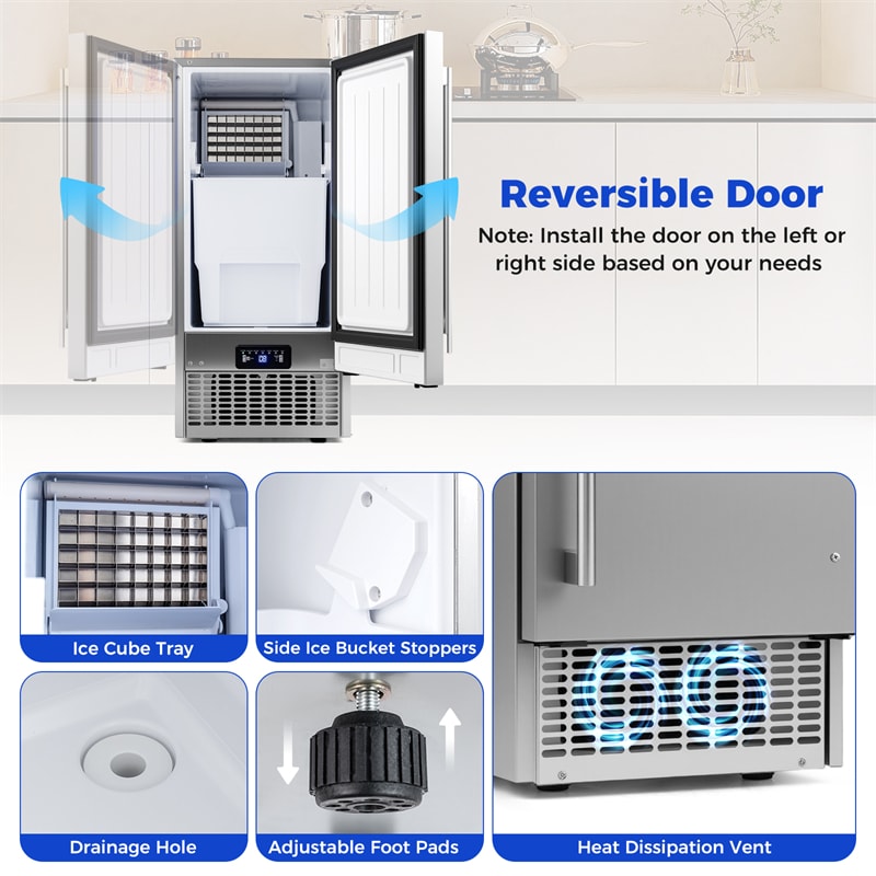110 LBS/24H Commercial Ice Maker, 15" Built-in Undercounter Ice Machine with 25 LBS Storage & Reversible Door for Home Bar, Restaurant
