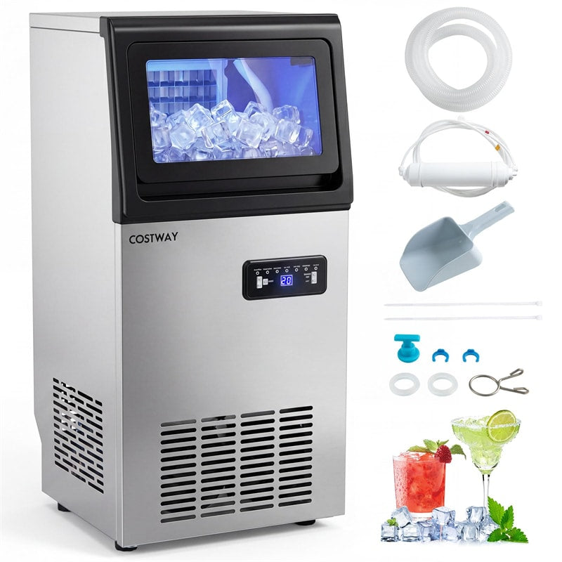 110 LBS/24H Commercial Ice Maker, Stainless Steel Ice Machine with 25 LBS Storage, 36 Cubes in 13 Mins, Self-Cleaning & Water Filter for Home Bar Cafe