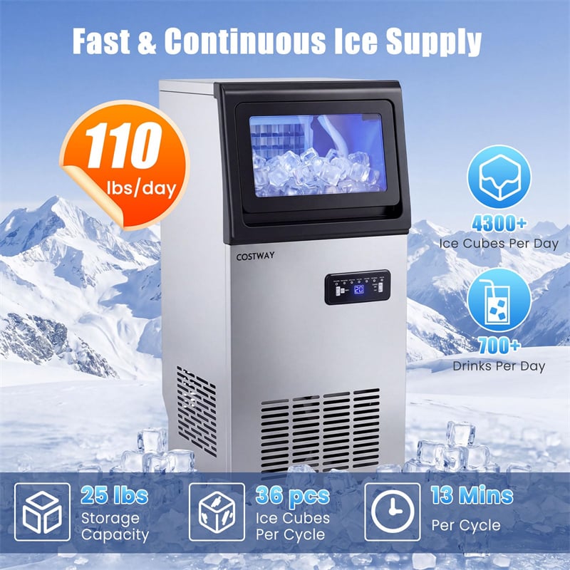 110 LBS/24H Commercial Ice Maker, Stainless Steel Ice Machine with 25 LBS Storage, 36 Cubes in 13 Mins, Self-Cleaning & Water Filter for Home Bar Cafe