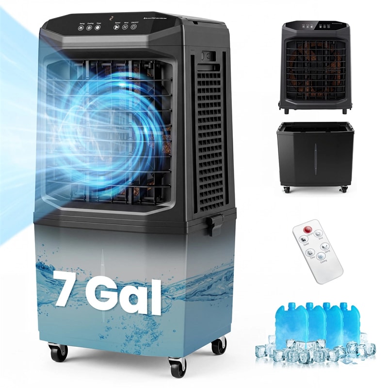 1800 CFM Swamp Cooler, 3-in-1 Evaporative Air Cooler with 7 Gal Detachable Water Tank, Remote & 12H Timer, Portable Cooling Fan for Home Patio Garage