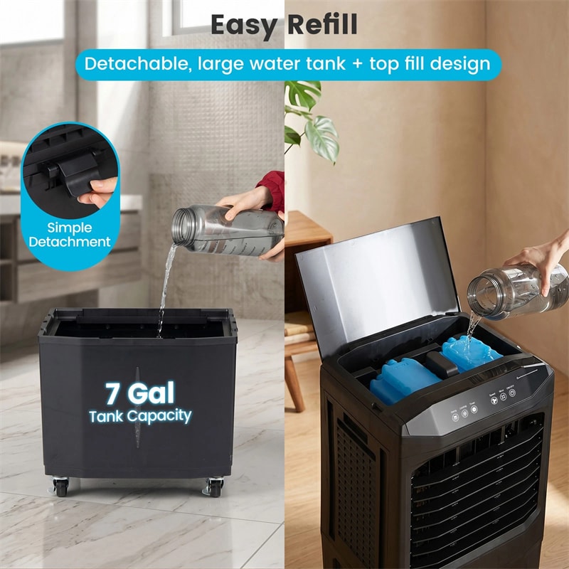 1800 CFM Swamp Cooler, 3-in-1 Evaporative Air Cooler with 7 Gal Detachable Water Tank, Remote & 12H Timer, Portable Cooling Fan for Home Patio Garage