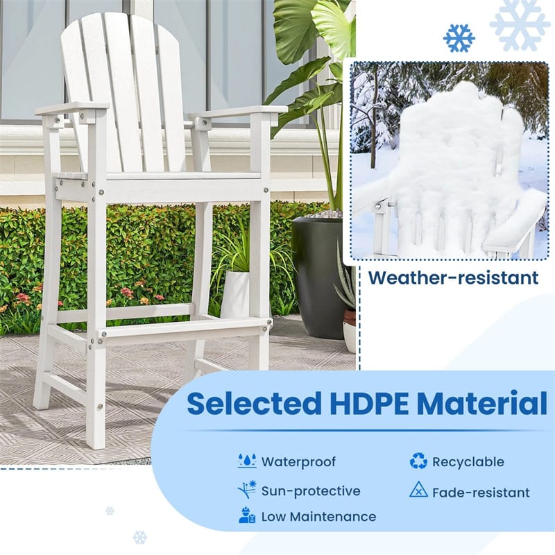 30" Tall Adirondack Bar Chairs, All-Weather HDPE Outdoor Bar Height Stools with Backrest, Armrests & Footrest for Backyard, Poolside