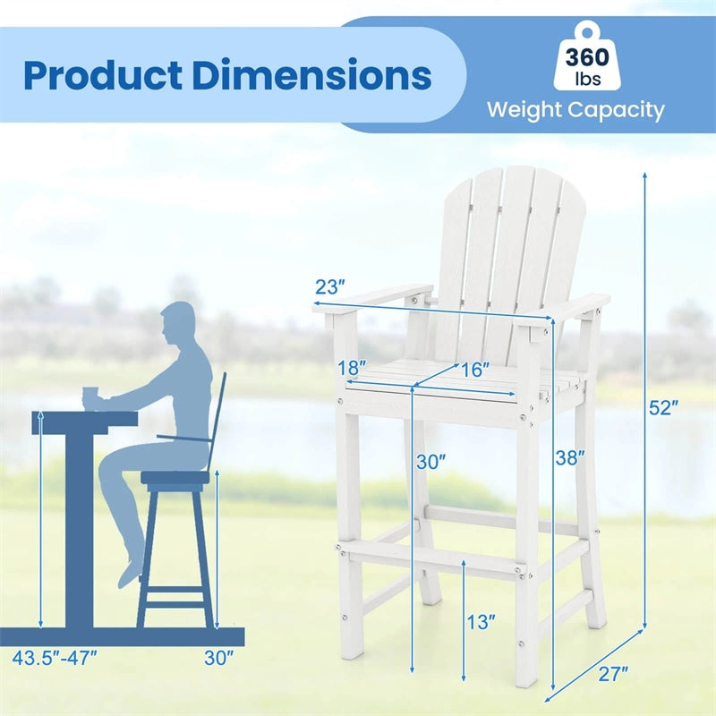 30" Tall Adirondack Bar Chairs, All-Weather HDPE Outdoor Bar Height Stools with Backrest, Armrests & Footrest for Backyard, Poolside