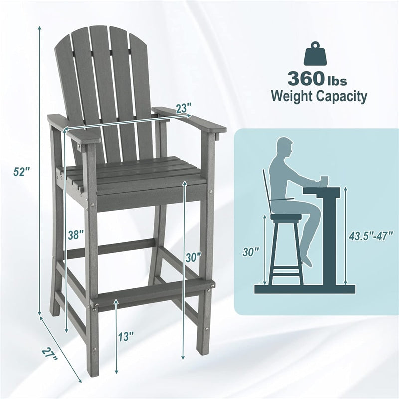 30" Tall Adirondack Bar Chairs, All-Weather HDPE Outdoor Bar Height Stools with Backrest, Armrests & Footrest for Backyard, Poolside