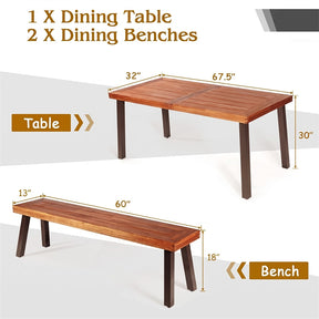 3 Pcs Rustic Acacia Wood Patio Dining Table Set with 2 Benches, Outdoor Picnic Table Bench Set with Umbrella Hole