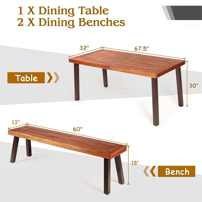 3 Pcs Rustic Acacia Wood Patio Dining Table Set with 2 Benches, Outdoor Picnic Table Bench Set with Umbrella Hole