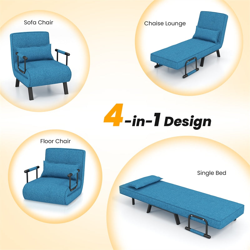 4-in-1 Convertible Sleeper Chair Bed, Folding Sofa Bed with 6-Position Adjustable Backrest & Pillow, Armchair Lounge Couch for Living Room