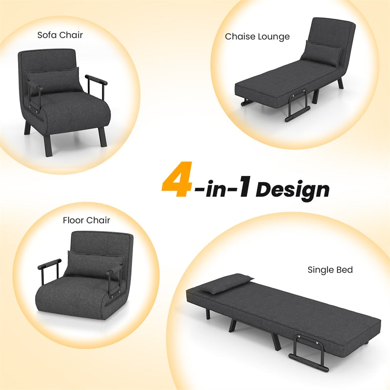 4-in-1 Convertible Sleeper Chair Bed, Folding Sofa Bed with 6-Position Adjustable Backrest & Pillow, Armchair Lounge Couch for Living Room