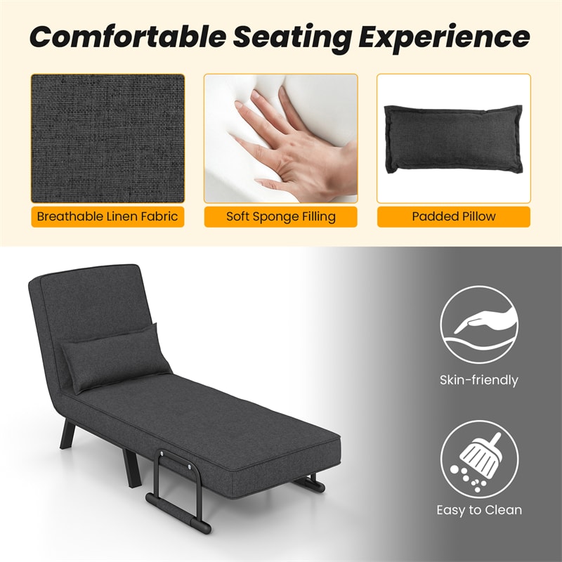 4-in-1 Convertible Sleeper Chair Bed, Folding Sofa Bed with 6-Position Adjustable Backrest & Pillow, Armchair Lounge Couch for Living Room