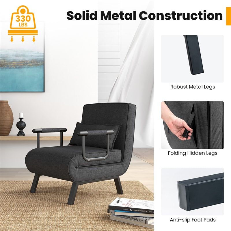 4-in-1 Convertible Sleeper Chair Bed, Folding Sofa Bed with 6-Position Adjustable Backrest & Pillow, Armchair Lounge Couch for Living Room