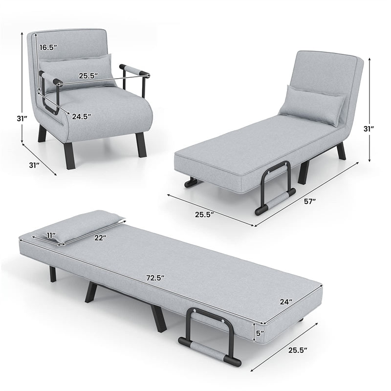 4-in-1 Convertible Sleeper Chair Bed, Folding Sofa Bed with 6-Position Adjustable Backrest & Pillow, Armchair Lounge Couch for Living Room