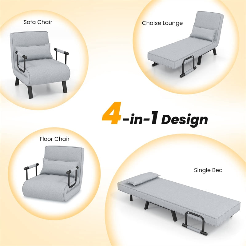 4-in-1 Convertible Sleeper Chair Bed, Folding Sofa Bed with 6-Position Adjustable Backrest & Pillow, Armchair Lounge Couch for Living Room