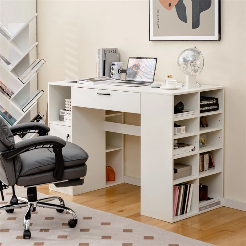 53" Counter Height Sewing Craft Table with 14 Storage Cubes, Large Drawer, Cabinet & Adjustable Shelf, 36" Artwork Workstation Drafting Writing Desk