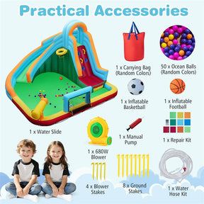 6-in-1 Inflatable Water Slide Park, Giant Bounce House with Splash Pool, Long Slide, Soccer Goal & Climbing Wall for Kids Backyard