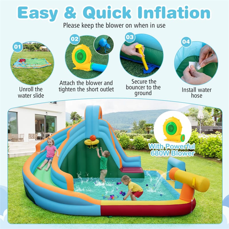 6-in-1 Inflatable Water Slide Park, Giant Bounce House with Splash Pool, Long Slide, Soccer Goal & Climbing Wall for Kids Backyard