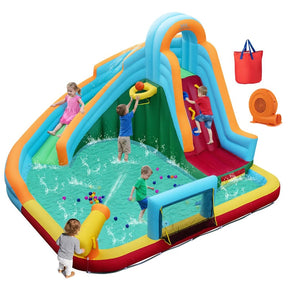 6-in-1 Inflatable Water Slide Park, Giant Bounce House with Splash Pool, Long Slide, Soccer Goal & Climbing Wall for Kids Backyard