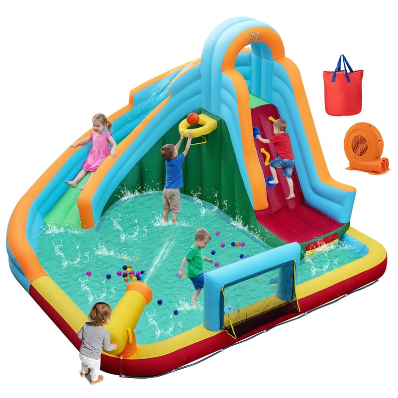 6-in-1 Inflatable Water Slide Park, Giant Bounce House with Splash Pool, Long Slide, Soccer Goal & Climbing Wall for Kids Backyard