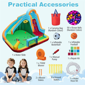 6-in-1 Inflatable Water Slide Park, Giant Bounce House with Splash Pool, Long Slide, Soccer Goal & Climbing Wall for Kids Backyard