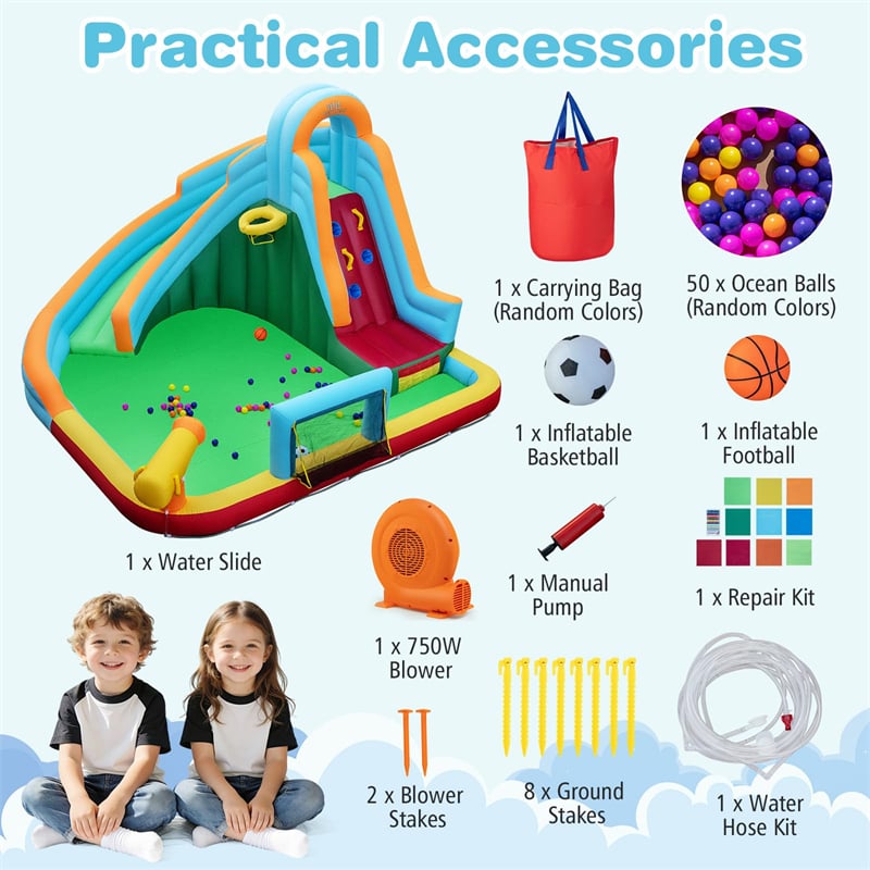 6-in-1 Inflatable Water Slide Park, Giant Bounce House with Splash Pool, Long Slide, Soccer Goal & Climbing Wall for Kids Backyard