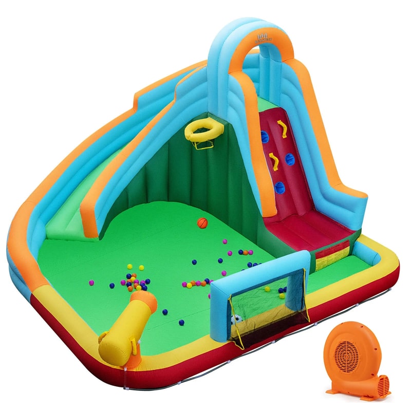 6-in-1 Inflatable Water Slide Park, Giant Bounce House with Splash Pool, Long Slide, Soccer Goal & Climbing Wall for Kids Backyard