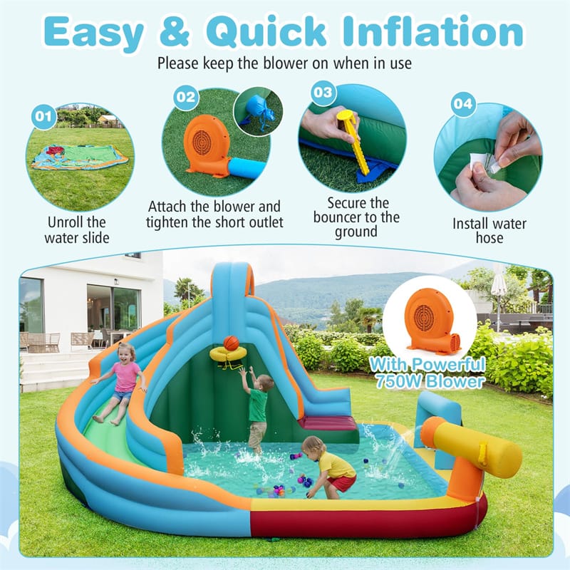 6-in-1 Inflatable Water Slide Park, Giant Bounce House with Splash Pool, Long Slide, Soccer Goal & Climbing Wall for Kids Backyard