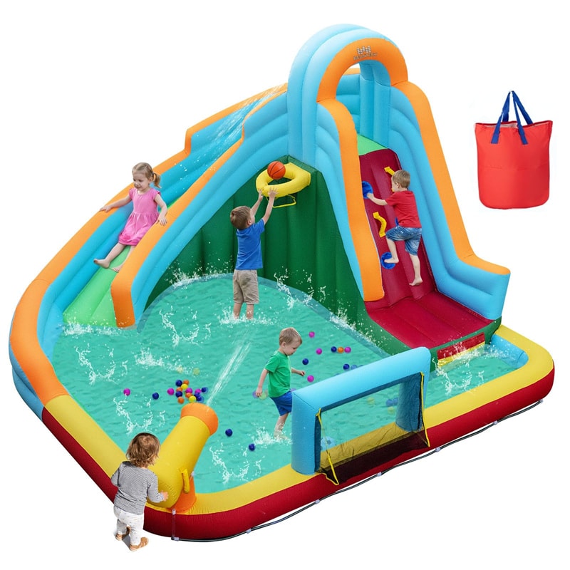 6-in-1 Inflatable Water Slide Park, Giant Bounce House with Splash Pool, Long Slide, Soccer Goal & Climbing Wall for Kids Backyard