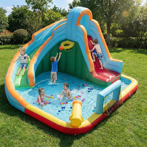 6-in-1 Inflatable Water Slide Park, Giant Bounce House with Splash Pool, Long Slide, Soccer Goal & Climbing Wall for Kids Backyard