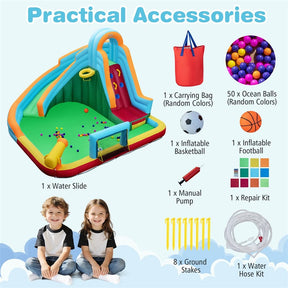 6-in-1 Inflatable Water Slide Park, Giant Bounce House with Splash Pool, Long Slide, Soccer Goal & Climbing Wall for Kids Backyard