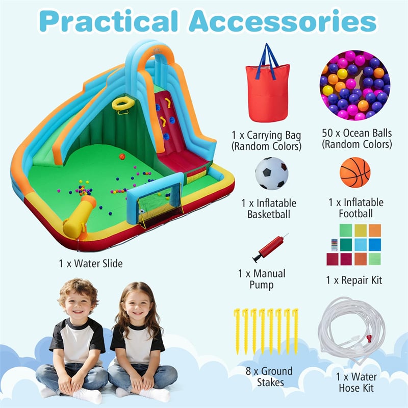 6-in-1 Inflatable Water Slide Park, Giant Bounce House with Splash Pool, Long Slide, Soccer Goal & Climbing Wall for Kids Backyard