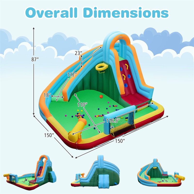 6-in-1 Inflatable Water Slide Park, Giant Bounce House with Splash Pool, Long Slide, Soccer Goal & Climbing Wall for Kids Backyard