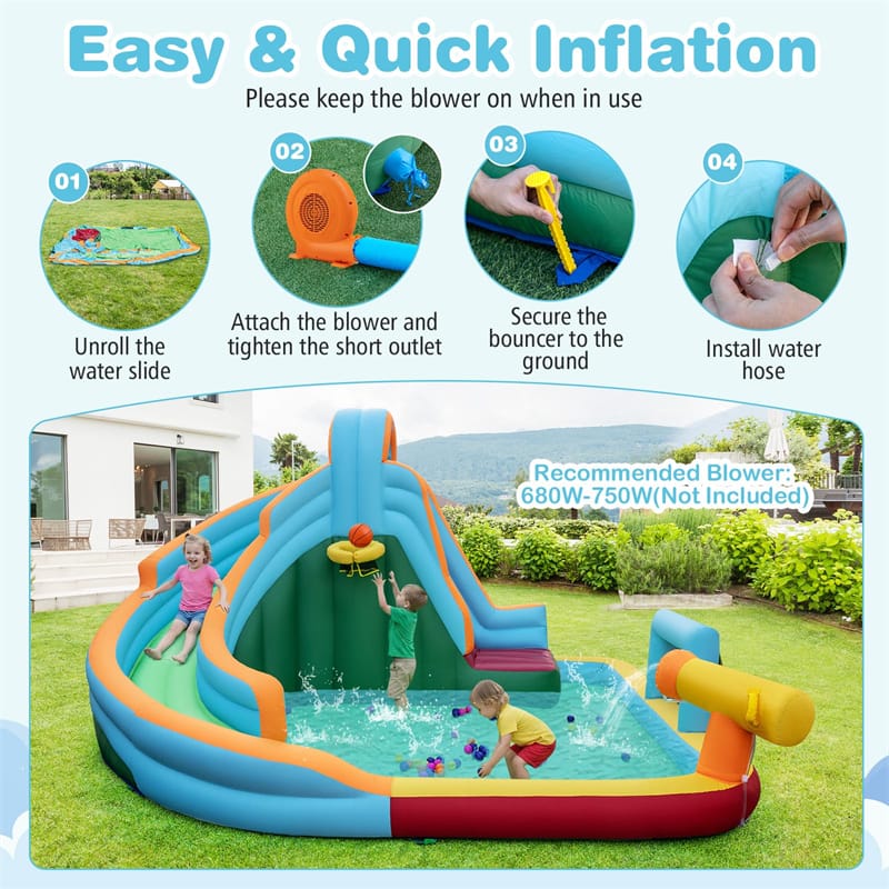 6-in-1 Inflatable Water Slide Park, Giant Bounce House with Splash Pool, Long Slide, Soccer Goal & Climbing Wall for Kids Backyard
