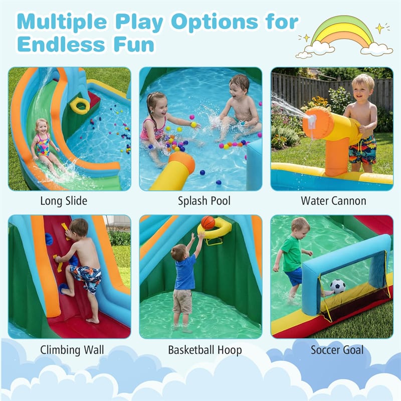 6-in-1 Inflatable Water Slide Park, Giant Bounce House with Splash Pool, Long Slide, Soccer Goal & Climbing Wall for Kids Backyard