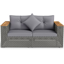 62.5" Patio Wicker Loveseat w/ Acacia Wood Armrests & Cup Holders, 2PCS Modular Rattan Corner Sectional Sofa w/ Cushions & Pillows for Backyard