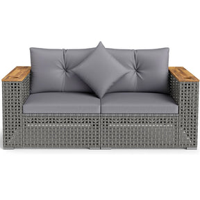 62.5" Patio Wicker Loveseat w/ Acacia Wood Armrests & Cup Holders, 2PCS Modular Rattan Corner Sectional Sofa w/ Cushions & Pillows for Backyard