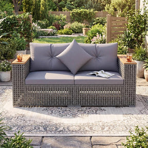 62.5" Patio Wicker Loveseat w/ Acacia Wood Armrests & Cup Holders, 2PCS Modular Rattan Corner Sectional Sofa w/ Cushions & Pillows for Backyard
