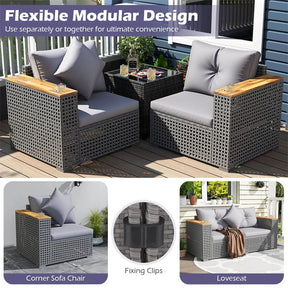 62.5" Patio Wicker Loveseat w/ Acacia Wood Armrests & Cup Holders, 2PCS Modular Rattan Corner Sectional Sofa w/ Cushions & Pillows for Backyard