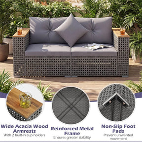 62.5" Patio Wicker Loveseat w/ Acacia Wood Armrests & Cup Holders, 2PCS Modular Rattan Corner Sectional Sofa w/ Cushions & Pillows for Backyard
