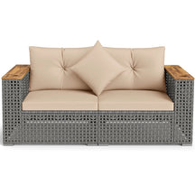 62.5" Patio Wicker Loveseat w/ Acacia Wood Armrests & Cup Holders, 2PCS Modular Rattan Corner Sectional Sofa w/ Cushions & Pillows for Backyard
