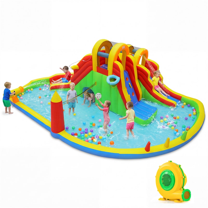 8-in-1 Inflatable Water Slide Park, Giant Backyard Bounce House w/ 2 Long Slides & Climbing Walls, Splash Pool, Tunnel, Water Cannon