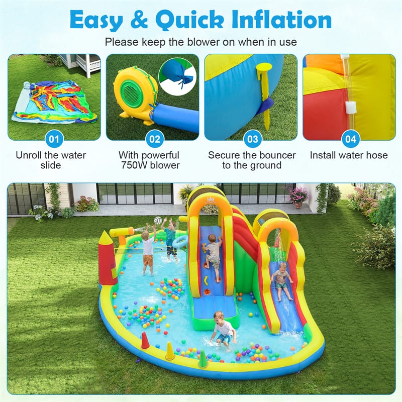 8-in-1 Inflatable Water Slide Park, Giant Backyard Bounce House w/ 2 Long Slides & Climbing Walls, Splash Pool, Tunnel, Water Cannon