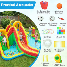 8-in-1 Inflatable Water Slide Park, Giant Backyard Bounce House w/ 2 Long Slides & Climbing Walls, Splash Pool, Tunnel, Water Cannon