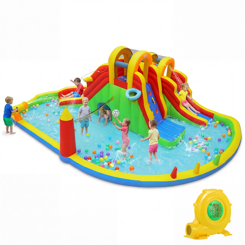8-in-1 Inflatable Water Slide Park, Giant Backyard Bounce House w/ 2 Long Slides & Climbing Walls, Splash Pool, Tunnel, Water Cannon