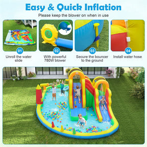 8-in-1 Inflatable Water Slide Park, Giant Backyard Bounce House w/ 2 Long Slides & Climbing Walls, Splash Pool, Tunnel, Water Cannon