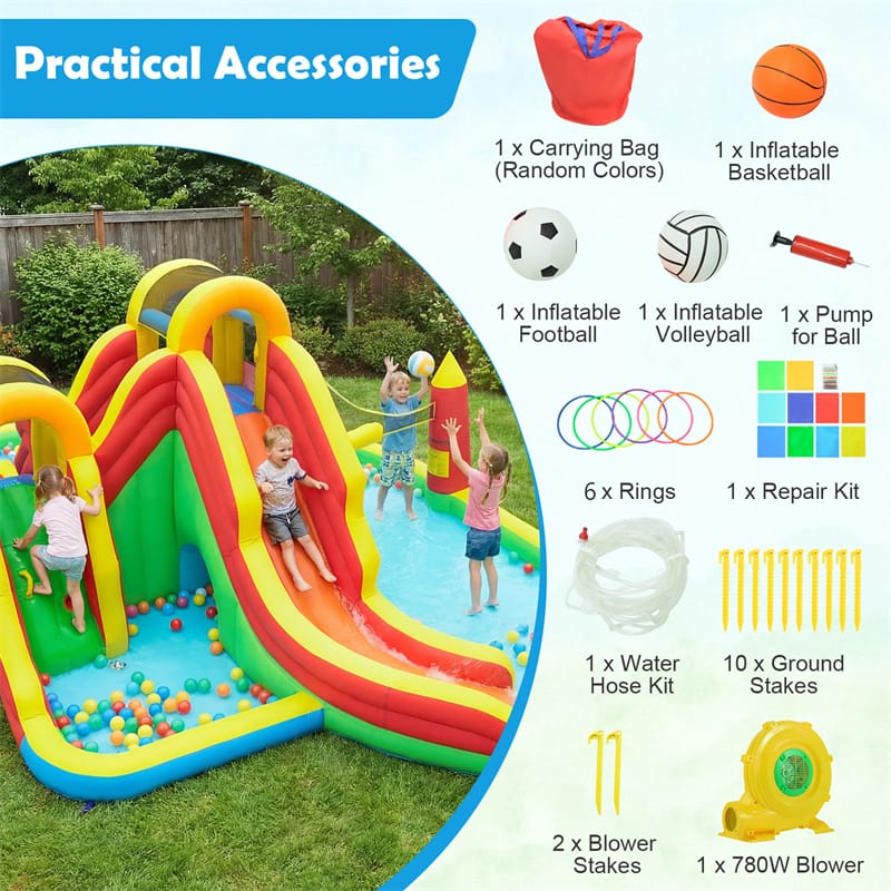 8-in-1 Inflatable Water Slide Park, Giant Backyard Bounce House w/ 2 Long Slides & Climbing Walls, Splash Pool, Tunnel, Water Cannon
