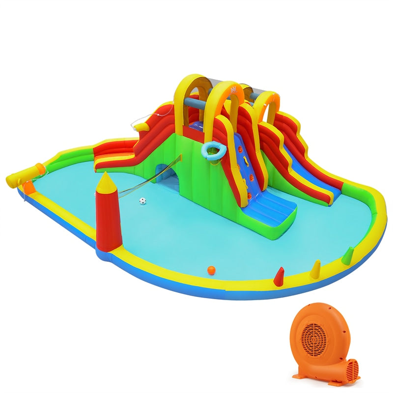 8-in-1 Inflatable Water Slide Park, Giant Backyard Bounce House w/ 2 Long Slides & Climbing Walls, Splash Pool, Tunnel, Water Cannon