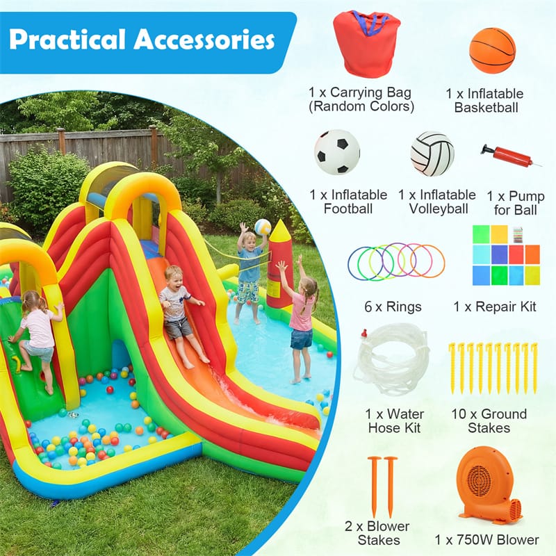 8-in-1 Inflatable Water Slide Park, Giant Backyard Bounce House w/ 2 Long Slides & Climbing Walls, Splash Pool, Tunnel, Water Cannon