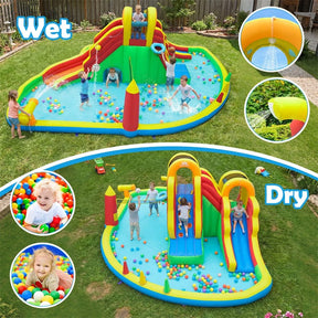 8-in-1 Inflatable Water Slide Park, Giant Backyard Bounce House w/ 2 Long Slides & Climbing Walls, Splash Pool, Tunnel, Water Cannon